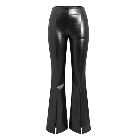 SOLD - NWT Commense Black Faux Leather High Waist Split Hem Stretchy Flare Pants - Picture 3 of 10